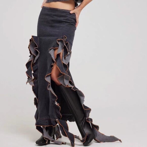 BEST Lioness Rendezvous Faded Denim Maxi Skirt Washed Black XSmall/Small/Medium - Picture 1 of 6